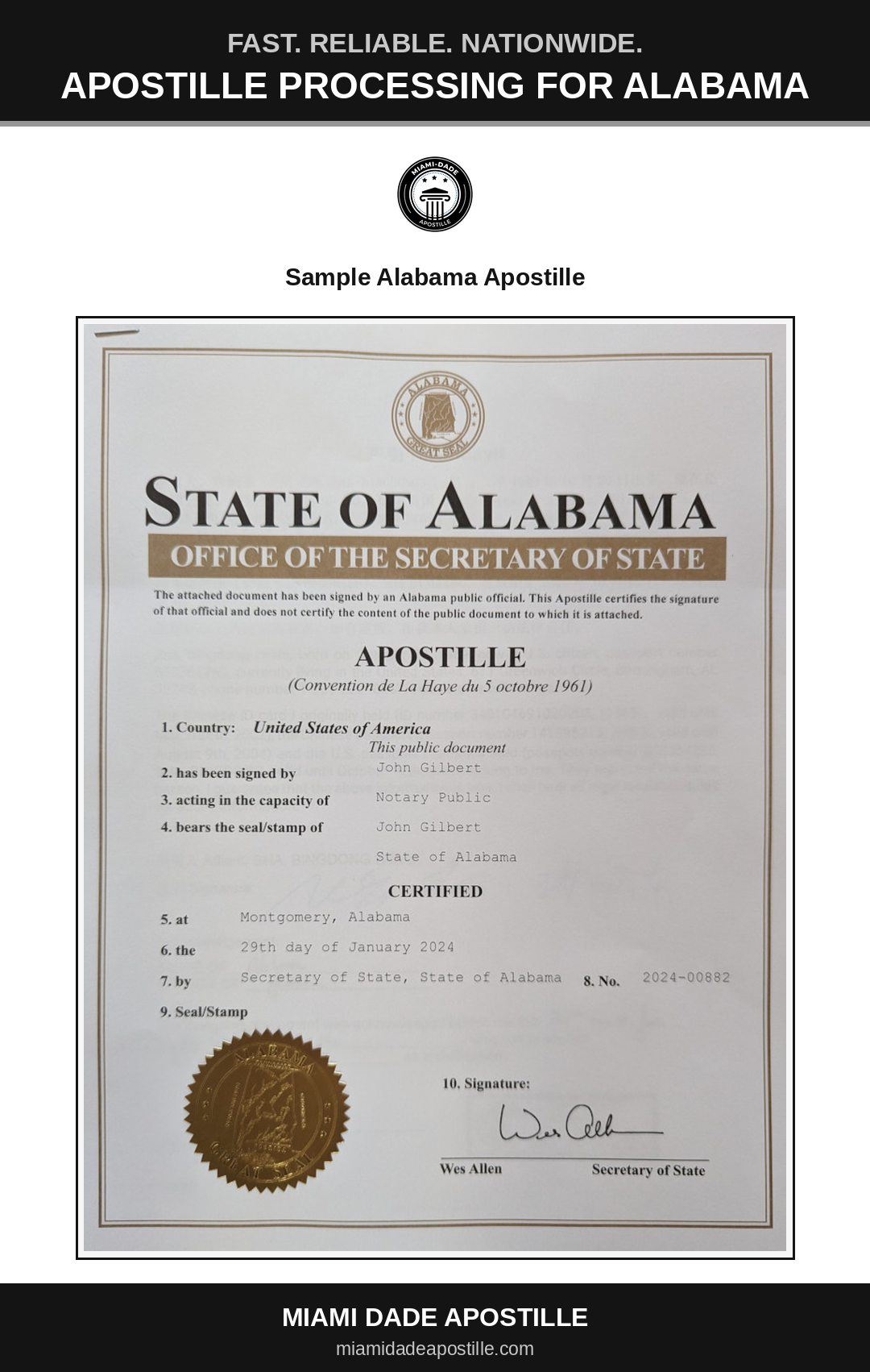 Example of an Alabama apostille certificate shown in a Miami Dade Apostille reference image