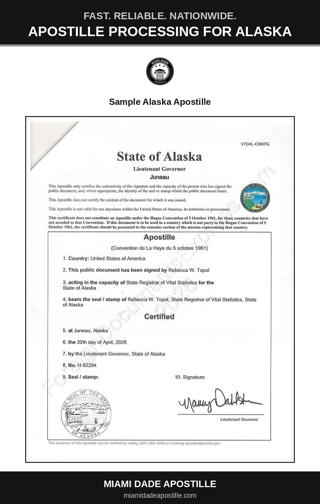 Example of an Alaska apostille certificate shown in a Miami Dade Apostille reference image