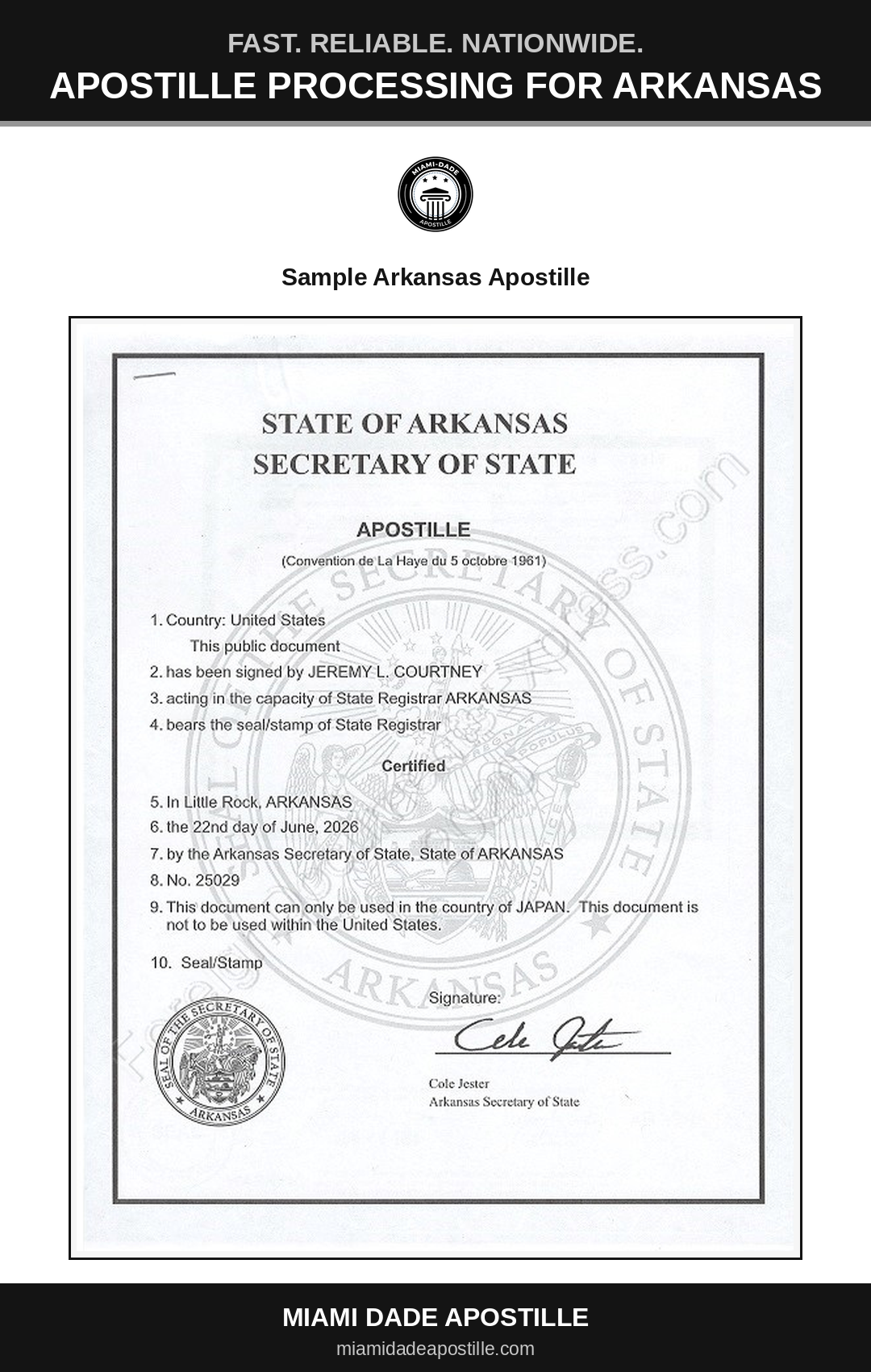 Example of an Arkansas apostille certificate shown in a Miami Dade Apostille reference image