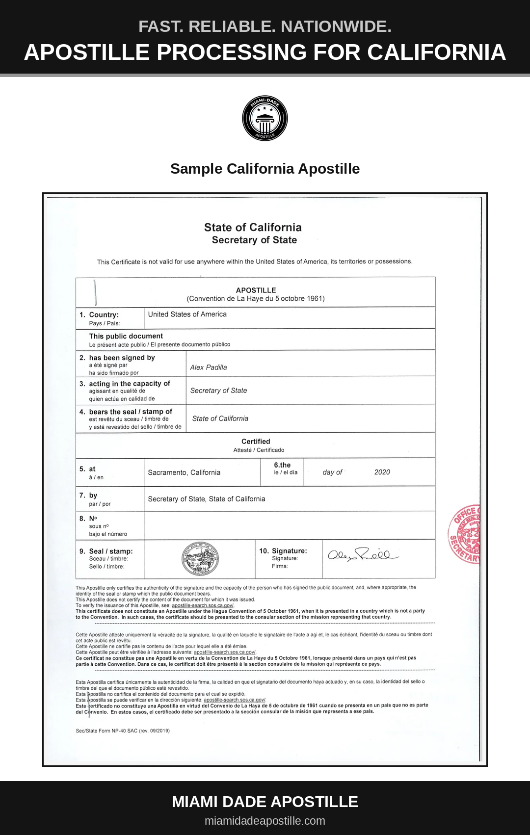 Example of a California apostille certificate shown in a Miami Dade Apostille reference image