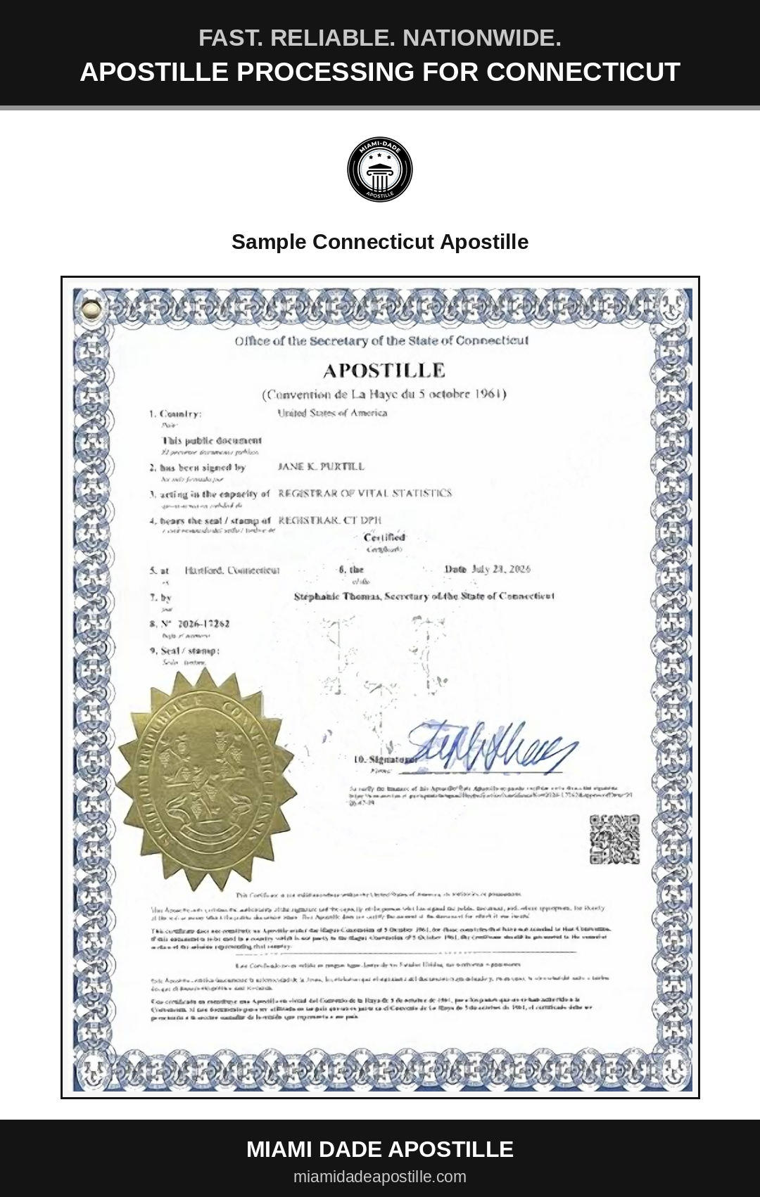 Example of a Connecticut apostille certificate shown in a Miami Dade Apostille reference image