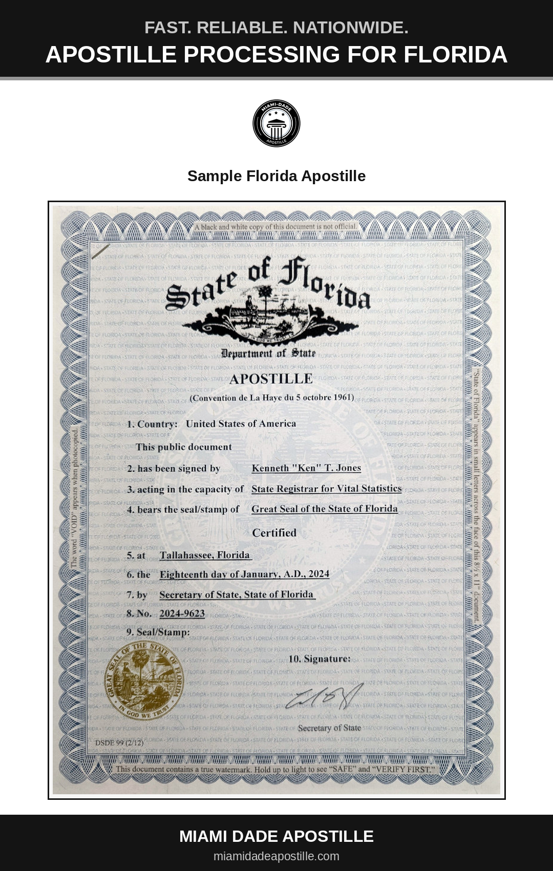 Example of a Florida apostille certificate shown in a Miami Dade Apostille reference image