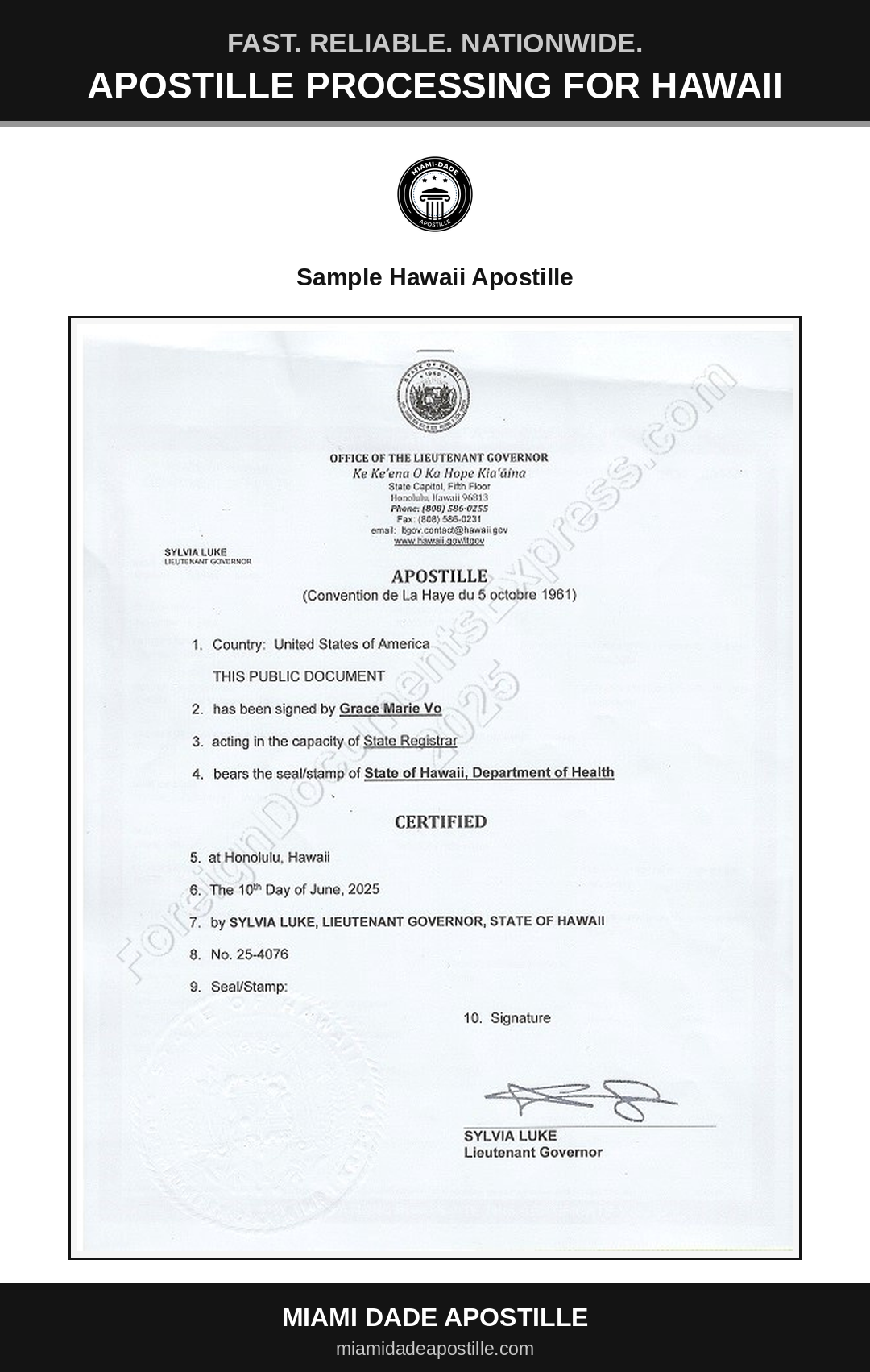 Example of a Hawaii apostille certificate shown in a Miami Dade Apostille reference image