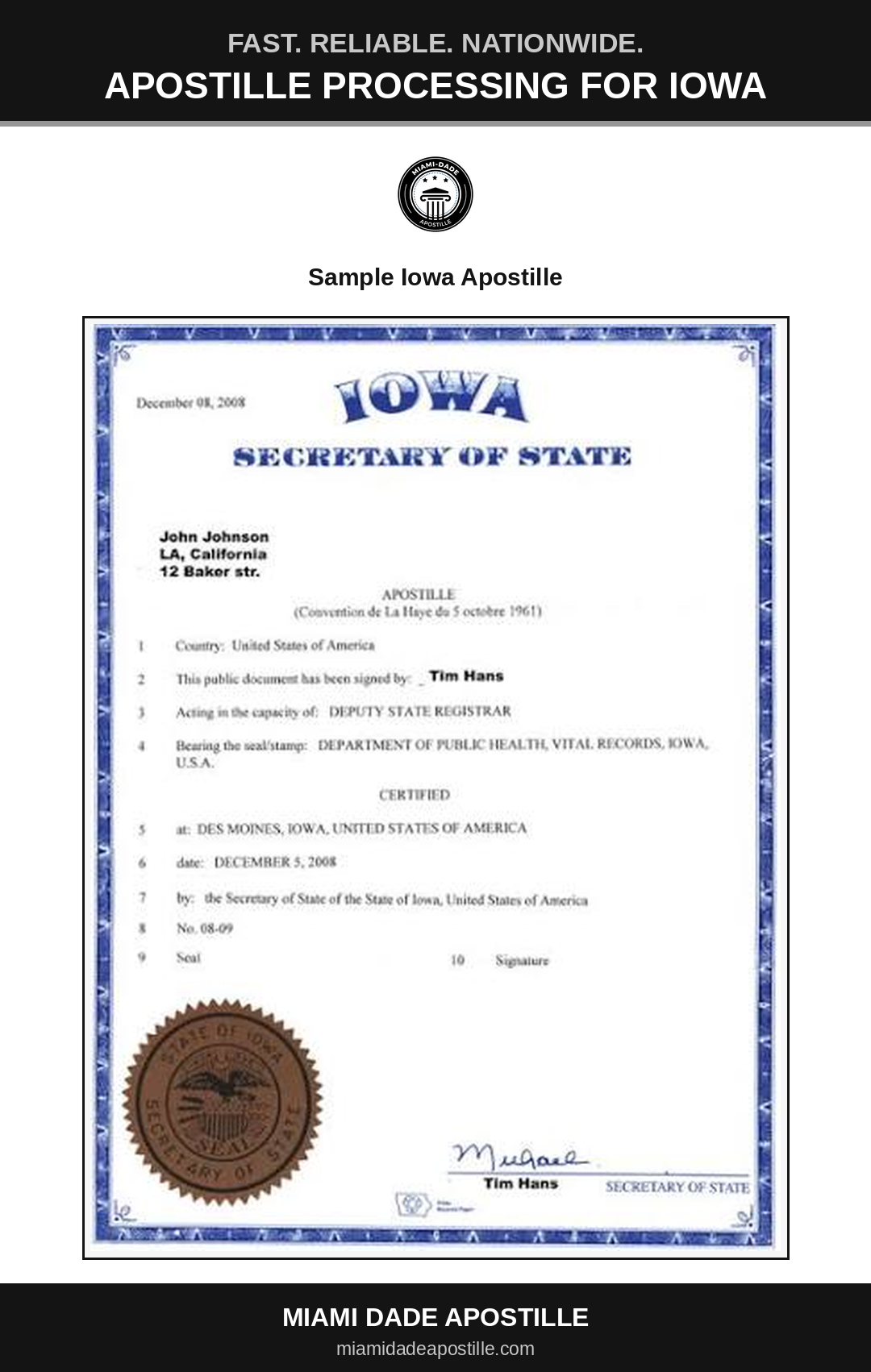 Example of an Iowa apostille certificate shown in a Miami Dade Apostille reference image
