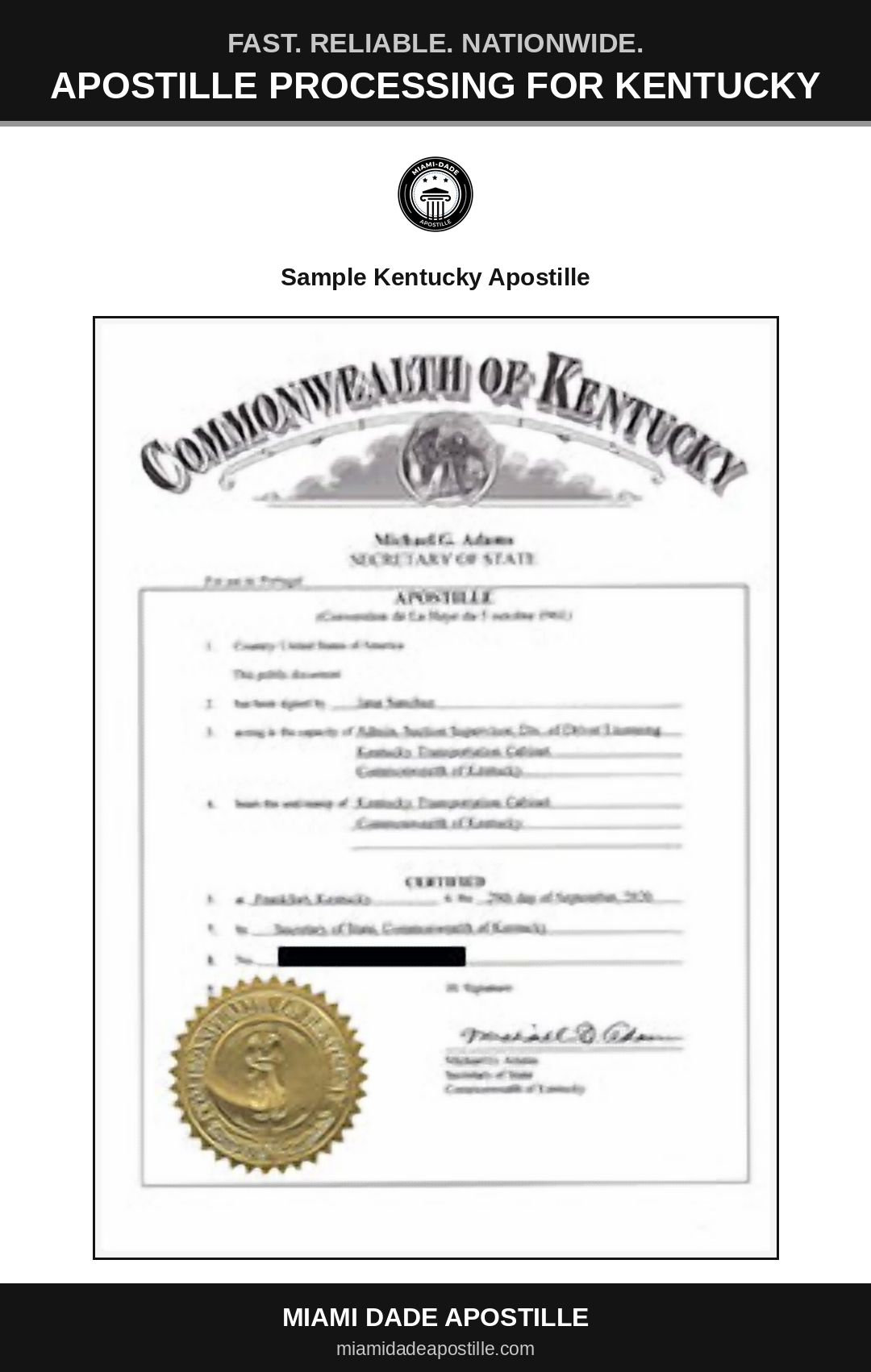 Example of a Kentucky apostille certificate shown in a Miami Dade Apostille reference image
