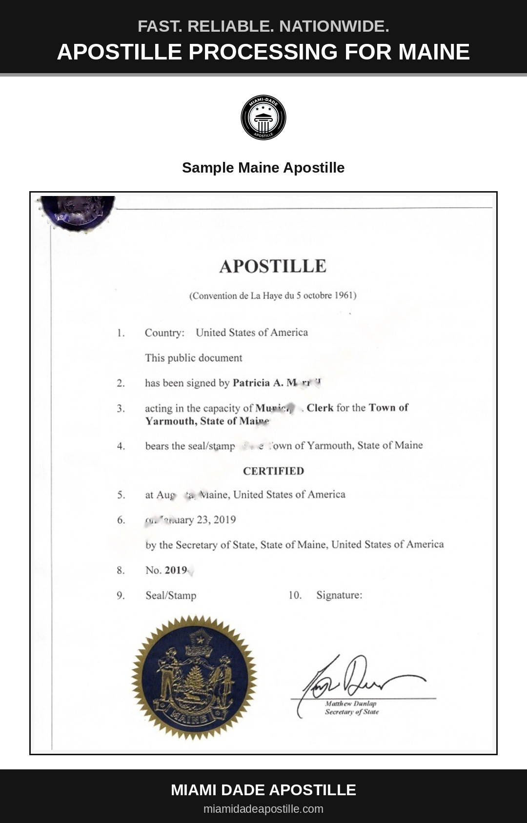 Example of a Maine apostille certificate shown in a Miami Dade Apostille reference image