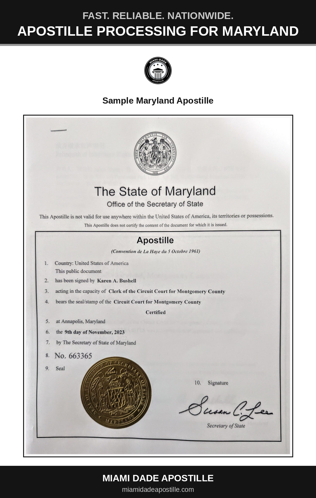 Example of a Maryland apostille certificate shown in a Miami Dade Apostille reference image