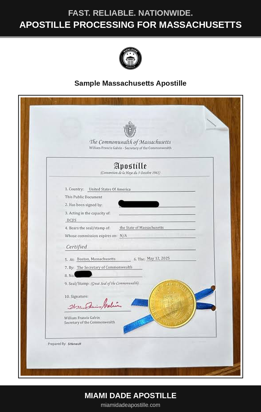 Example of a Massachusetts apostille certificate shown in a Miami Dade Apostille reference image