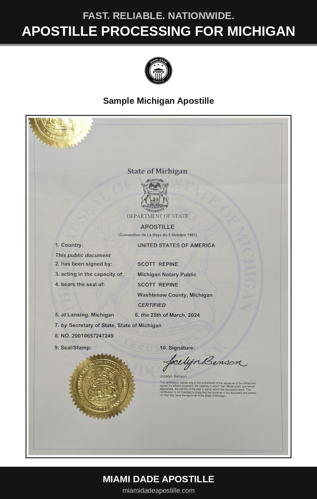 Example of a Michigan apostille certificate shown in a Miami Dade Apostille reference image