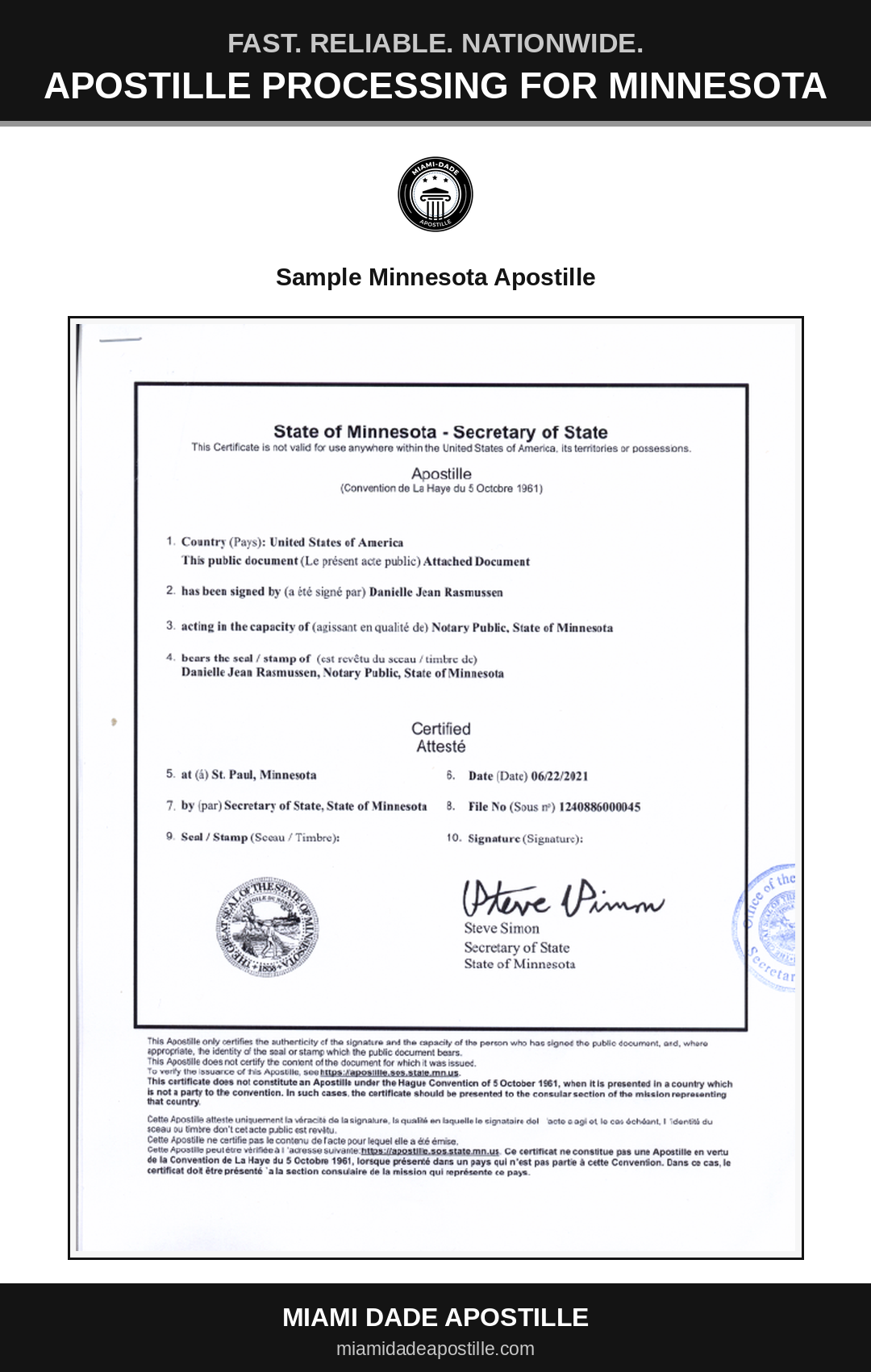 Example of a Minnesota apostille certificate shown in a Miami Dade Apostille reference image