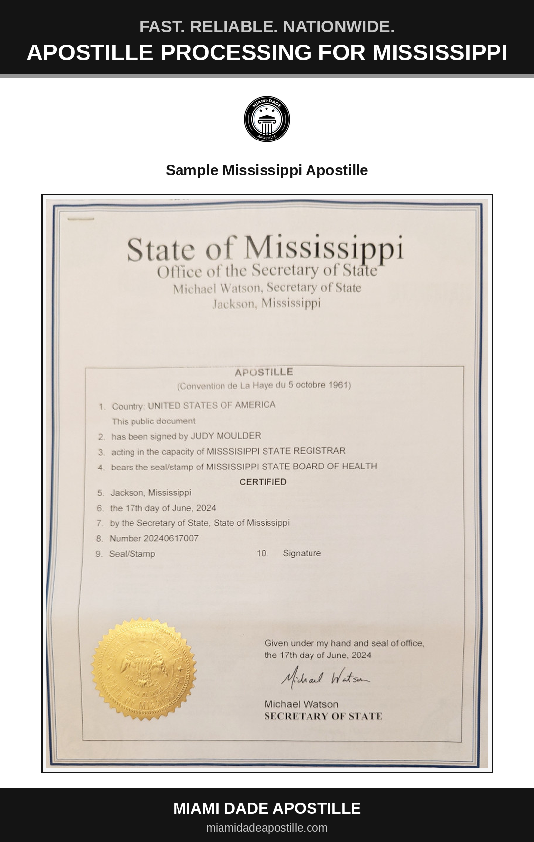 Example of a Mississippi apostille certificate shown in a Miami Dade Apostille reference image