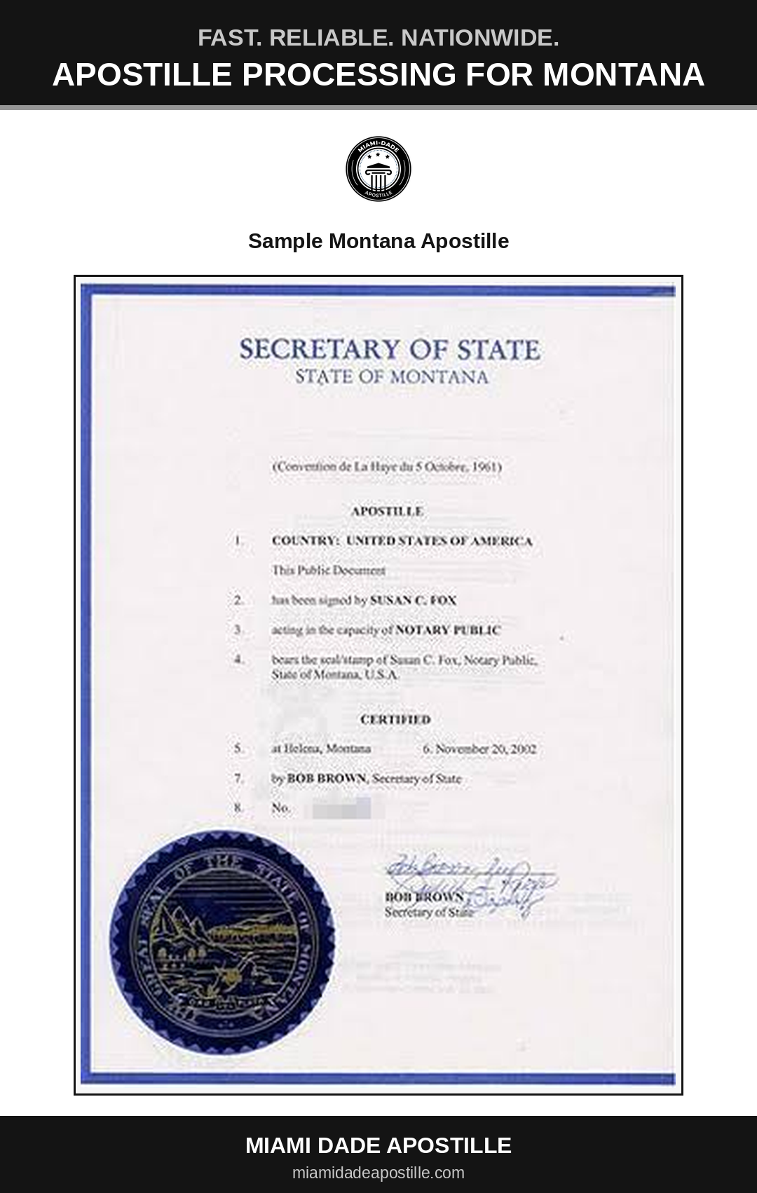 Example of a Montana apostille certificate shown in a Miami Dade Apostille reference image