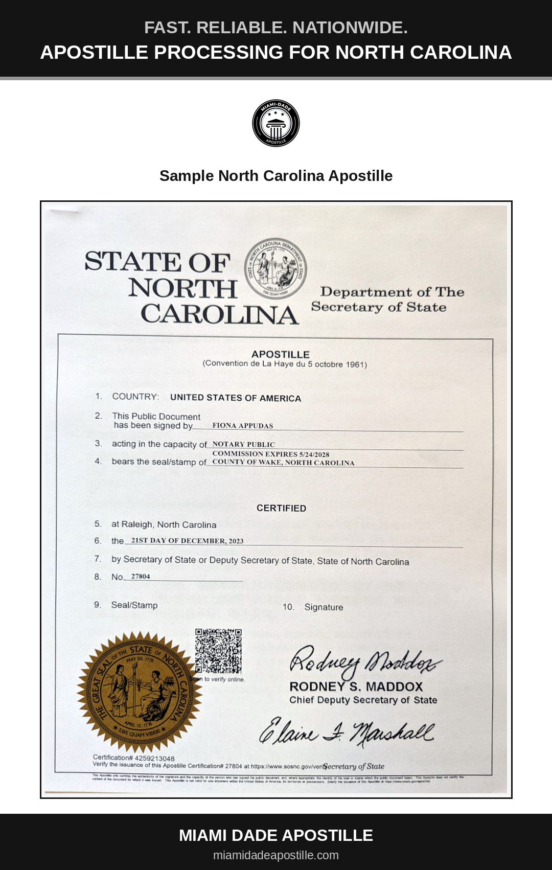 Example of a North Carolina apostille certificate shown in a Miami Dade Apostille reference image