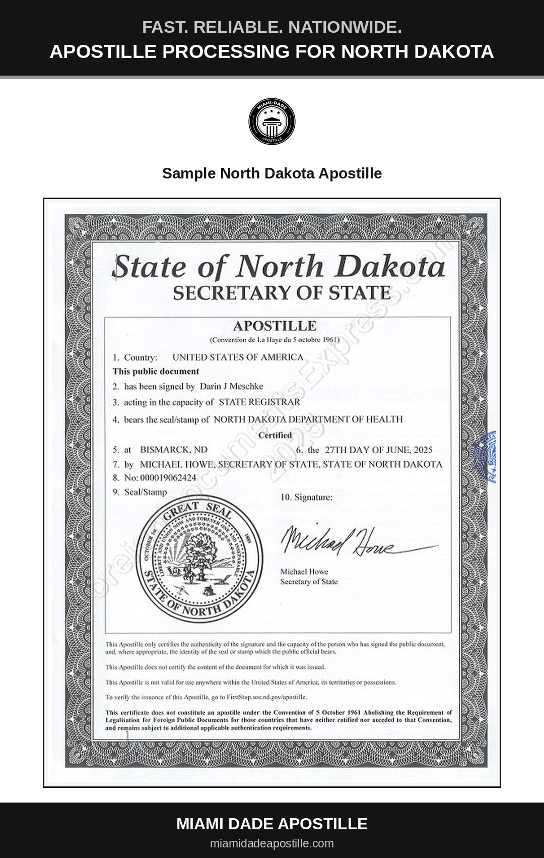 Example of a North Dakota apostille certificate shown in a Miami Dade Apostille reference image