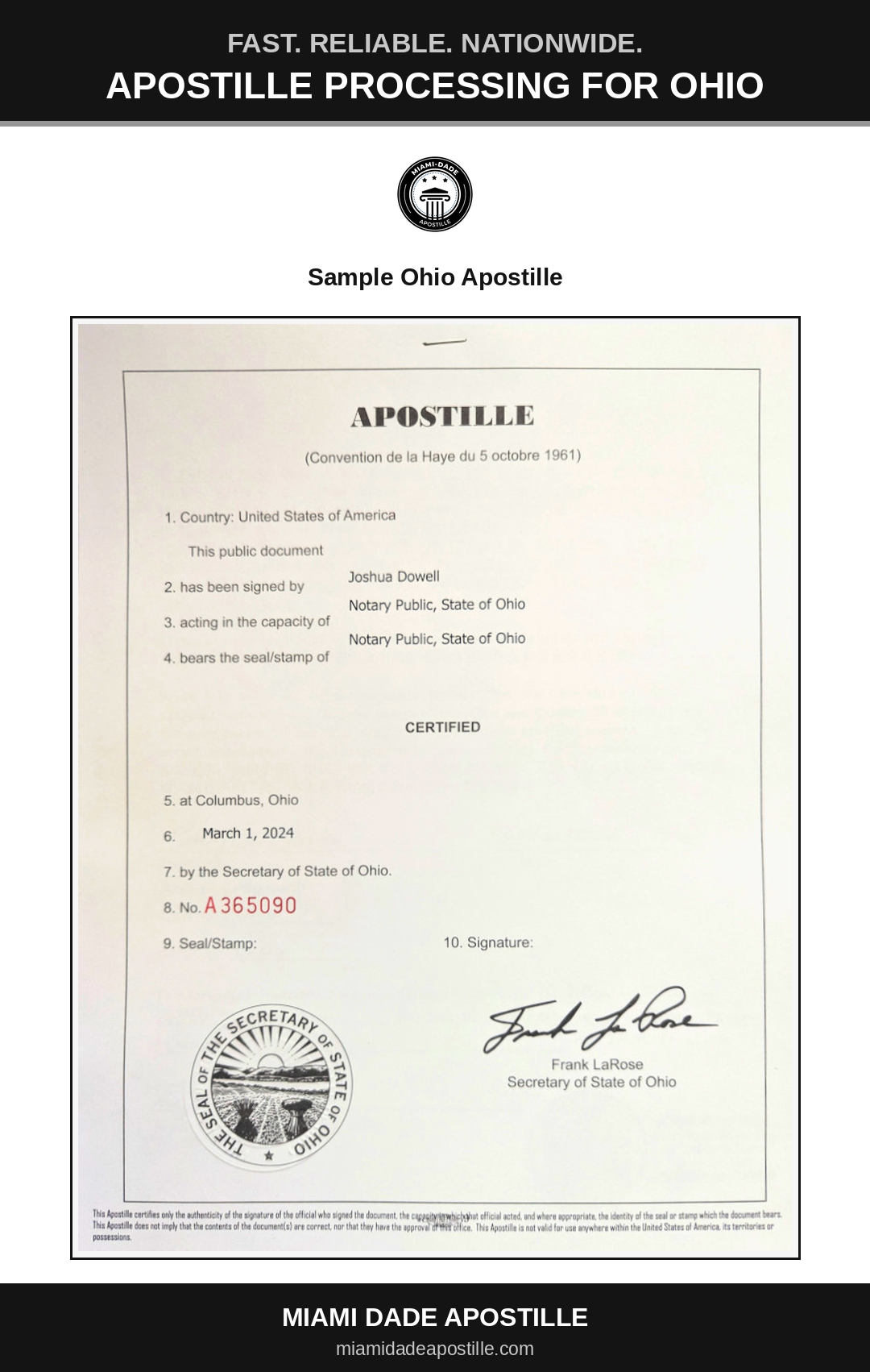 Example of an Ohio apostille certificate shown in a Miami Dade Apostille reference image