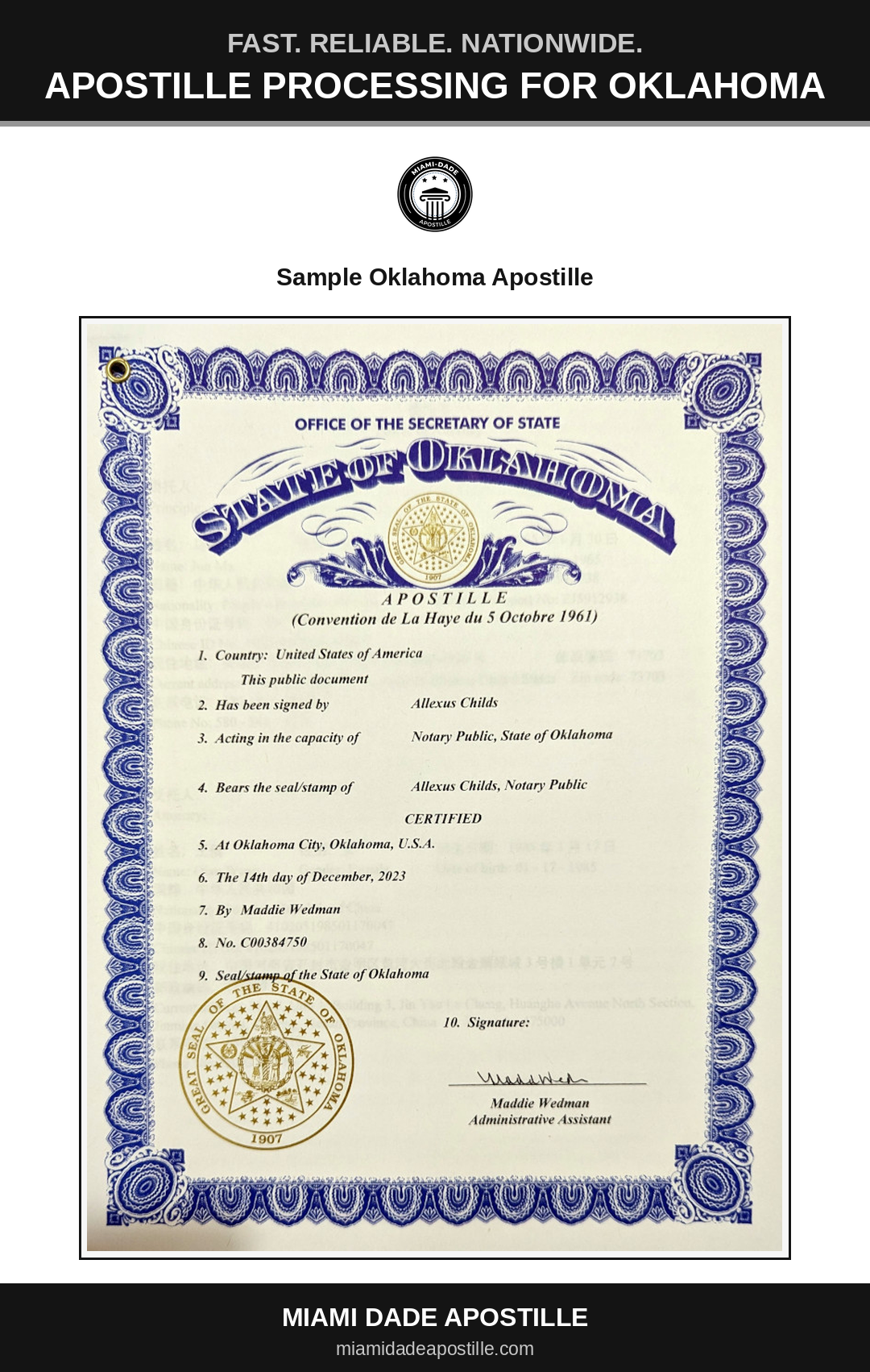 Example of an Oklahoma apostille certificate shown in a Miami Dade Apostille reference image