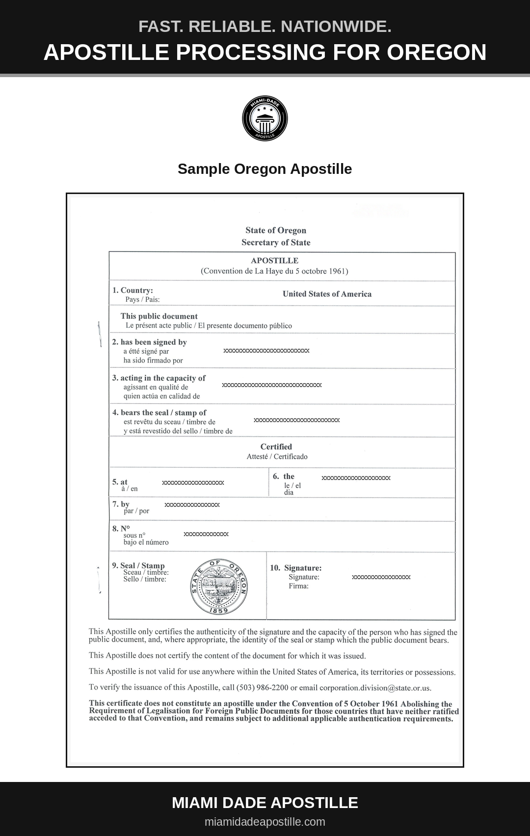Example of an Oregon apostille certificate shown in a Miami Dade Apostille reference image