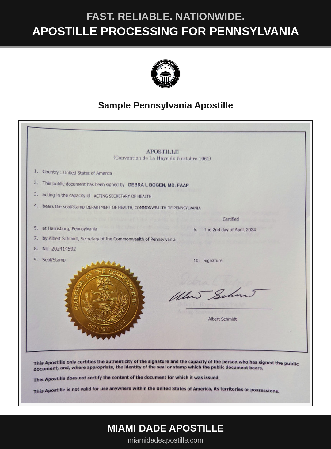 Example of a Pennsylvania apostille certificate shown in a Miami Dade Apostille reference image