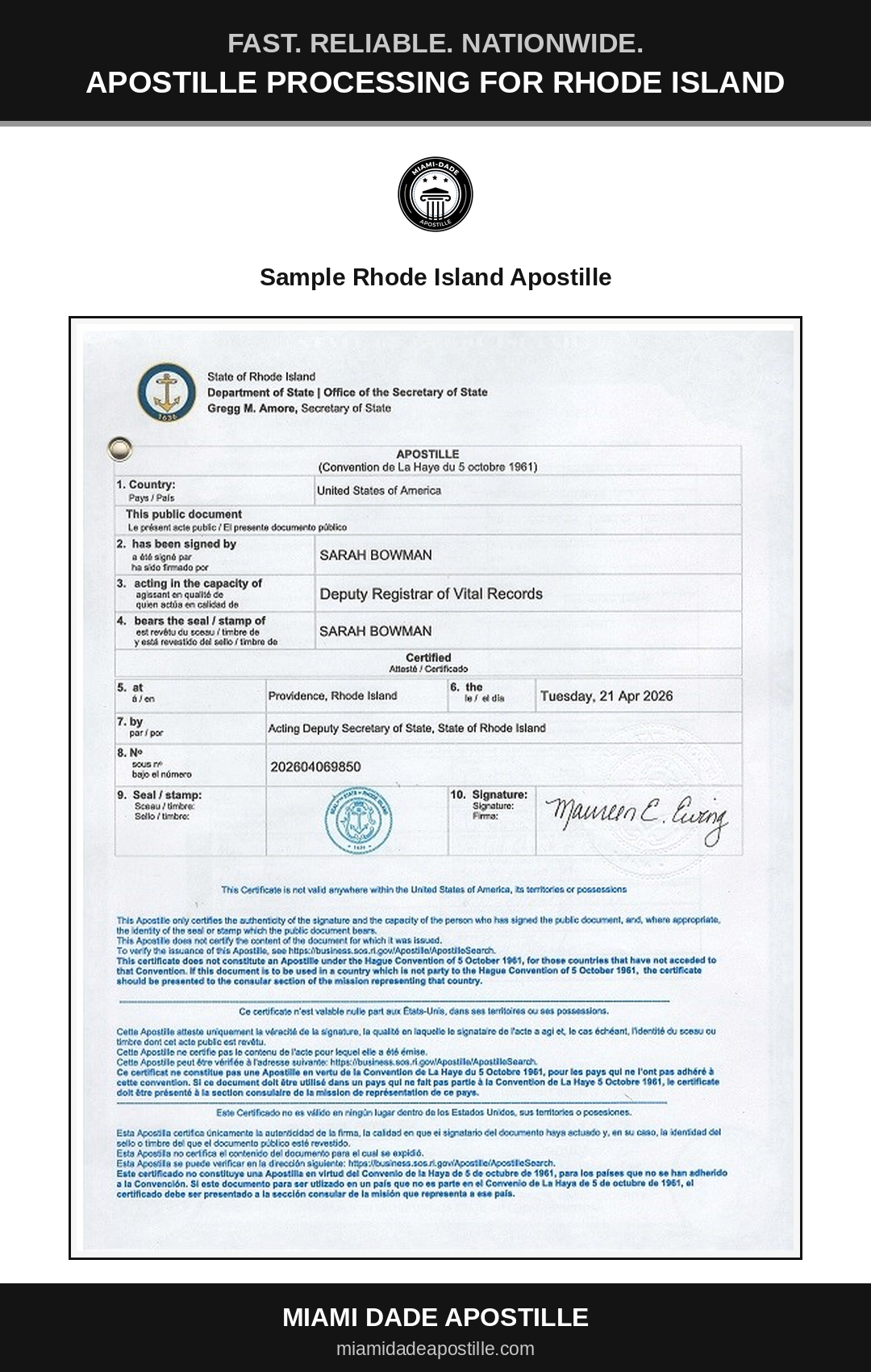 Example of a Rhode Island apostille certificate shown in a Miami Dade Apostille reference image