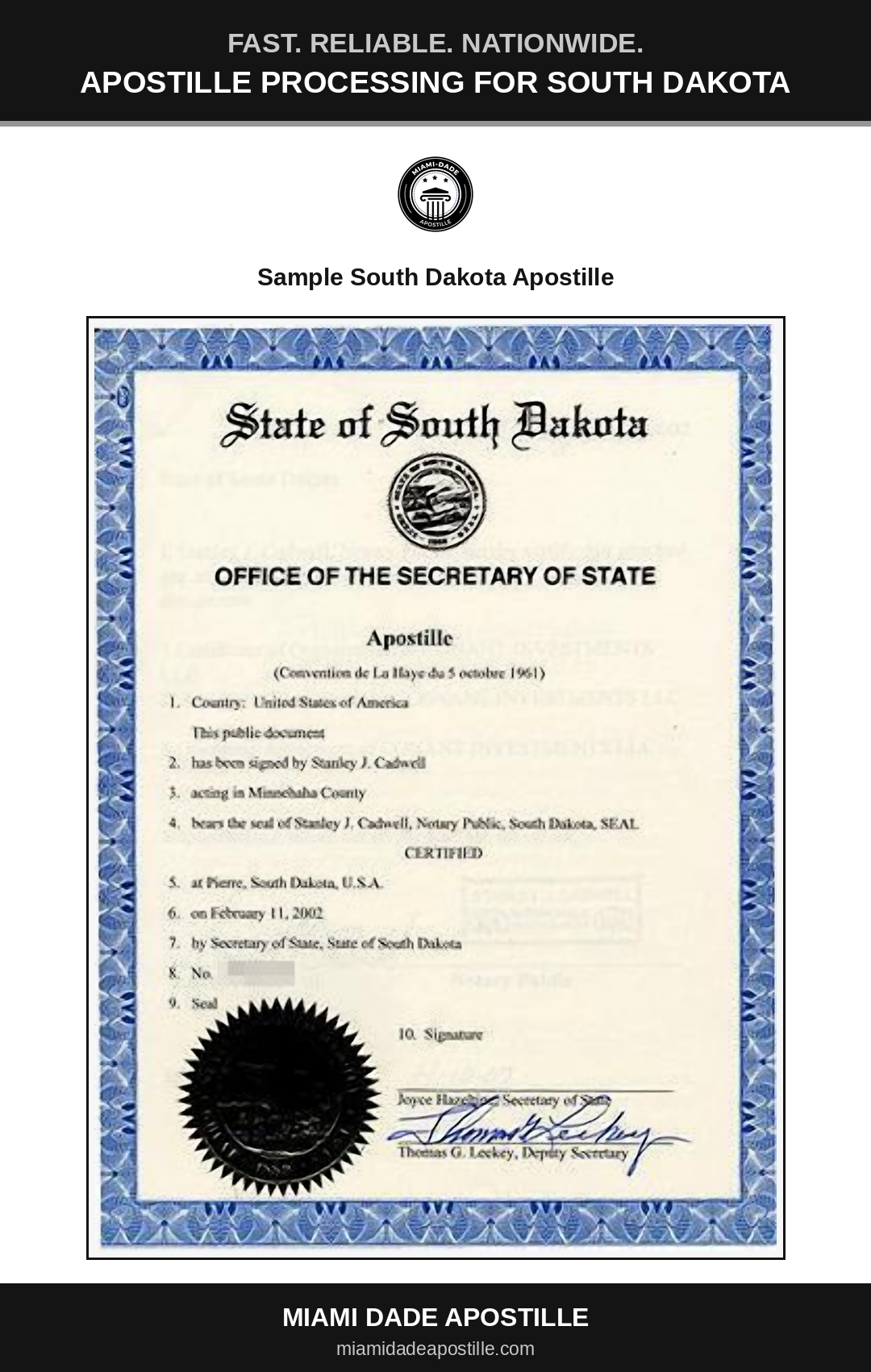 Example of a South Dakota apostille certificate shown in a Miami Dade Apostille reference image