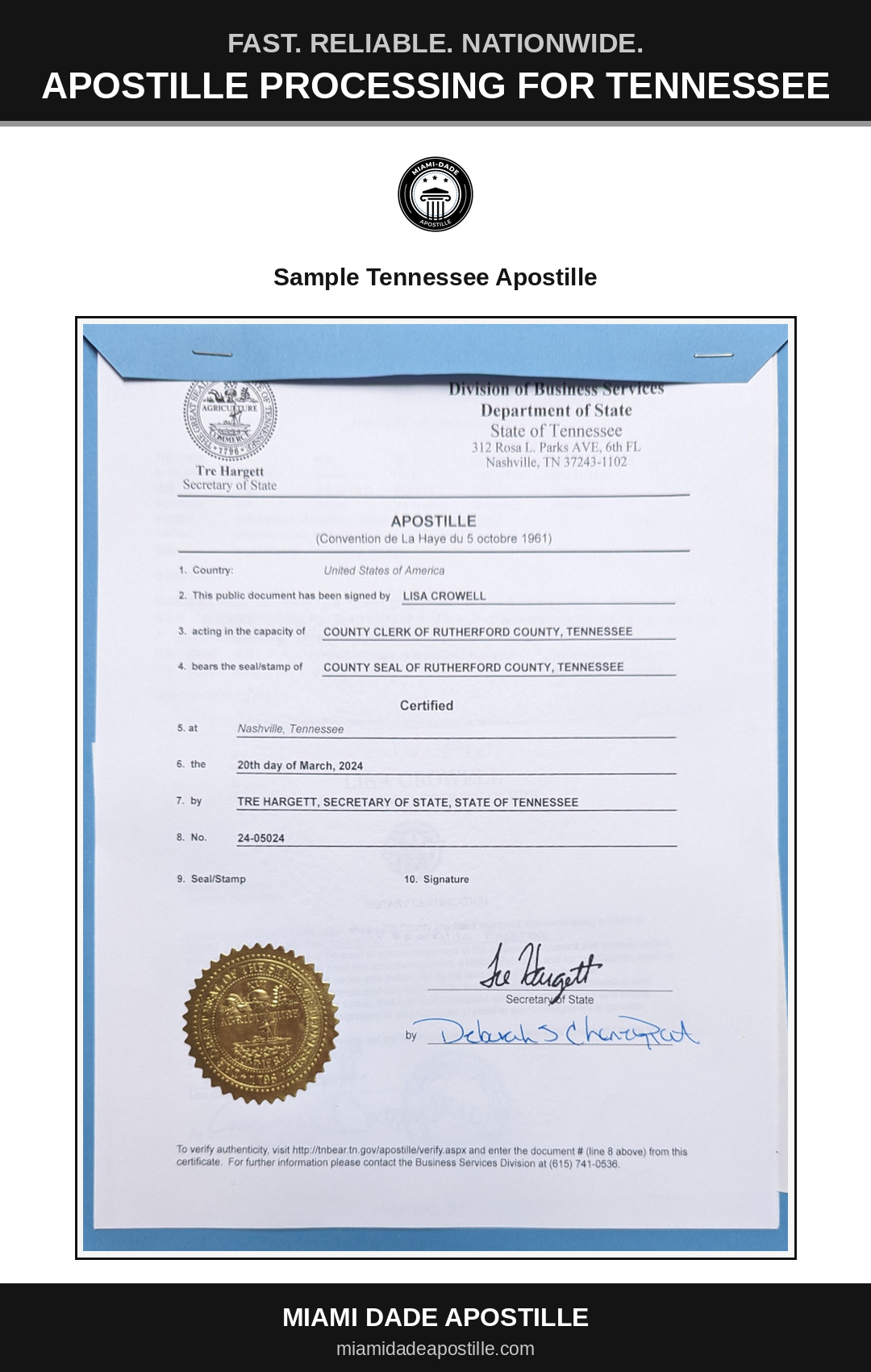 Example of a Tennessee apostille certificate shown in a Miami Dade Apostille reference image