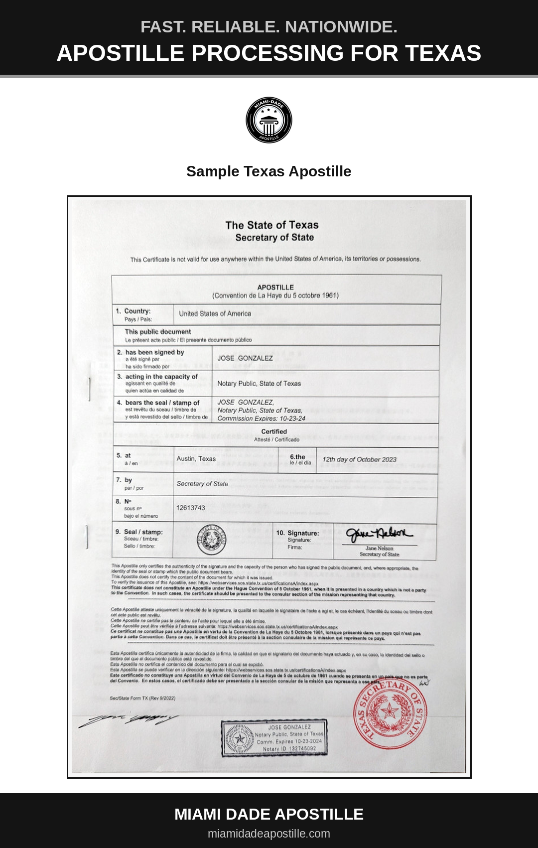 Example of a Texas apostille certificate shown in a Miami Dade Apostille reference image