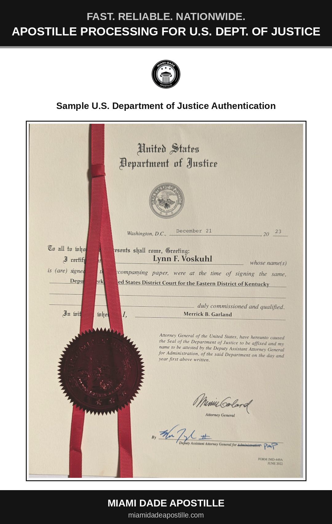 Example of a U.S. Department of Justice authentication certificate shown in a Miami Dade Apostille reference image