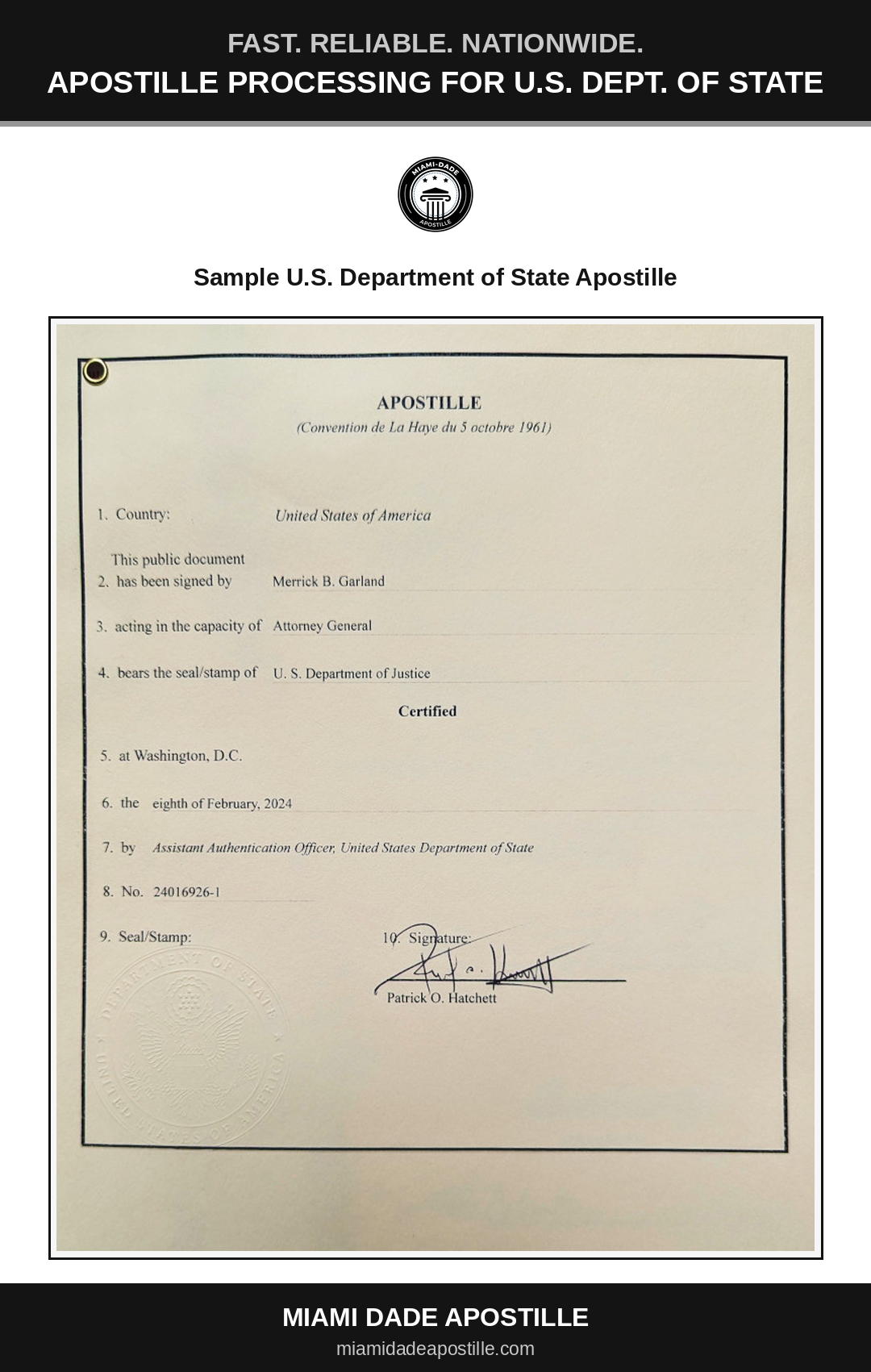 Example of a U.S. Department of State apostille certificate shown in a Miami Dade Apostille reference image