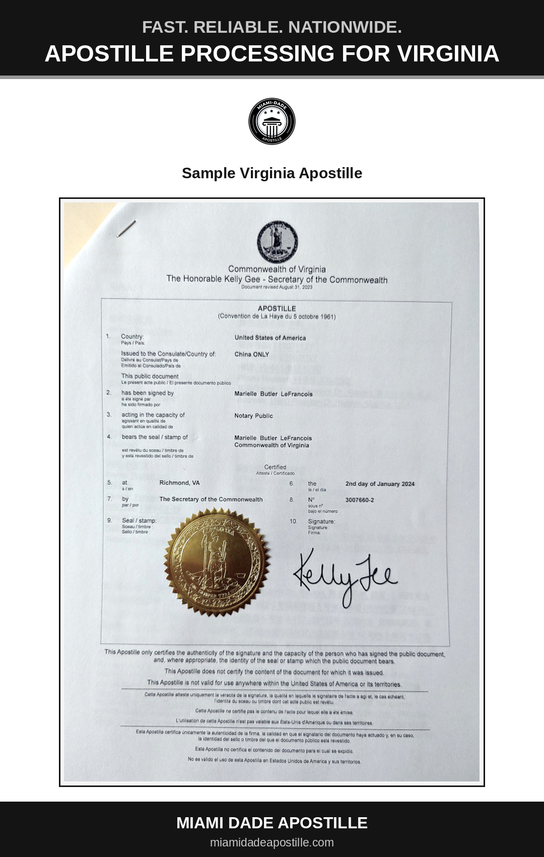 Example of a Virginia apostille certificate shown in a Miami Dade Apostille reference image
