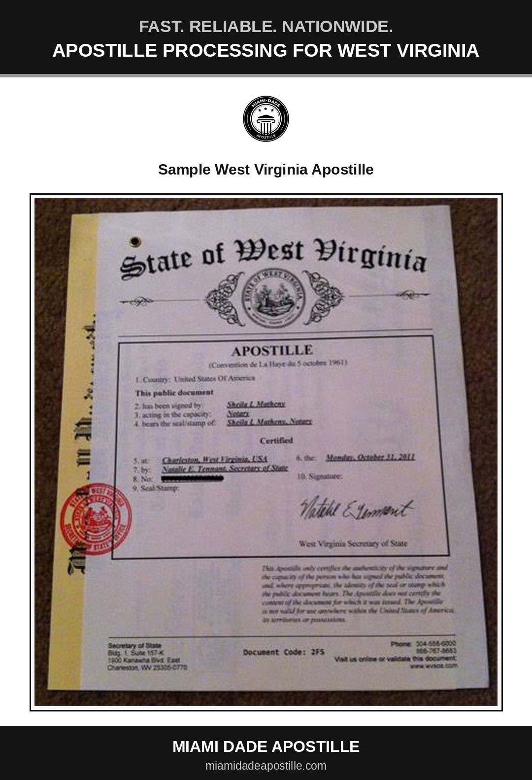 Example of a West Virginia apostille certificate shown in a Miami Dade Apostille reference image