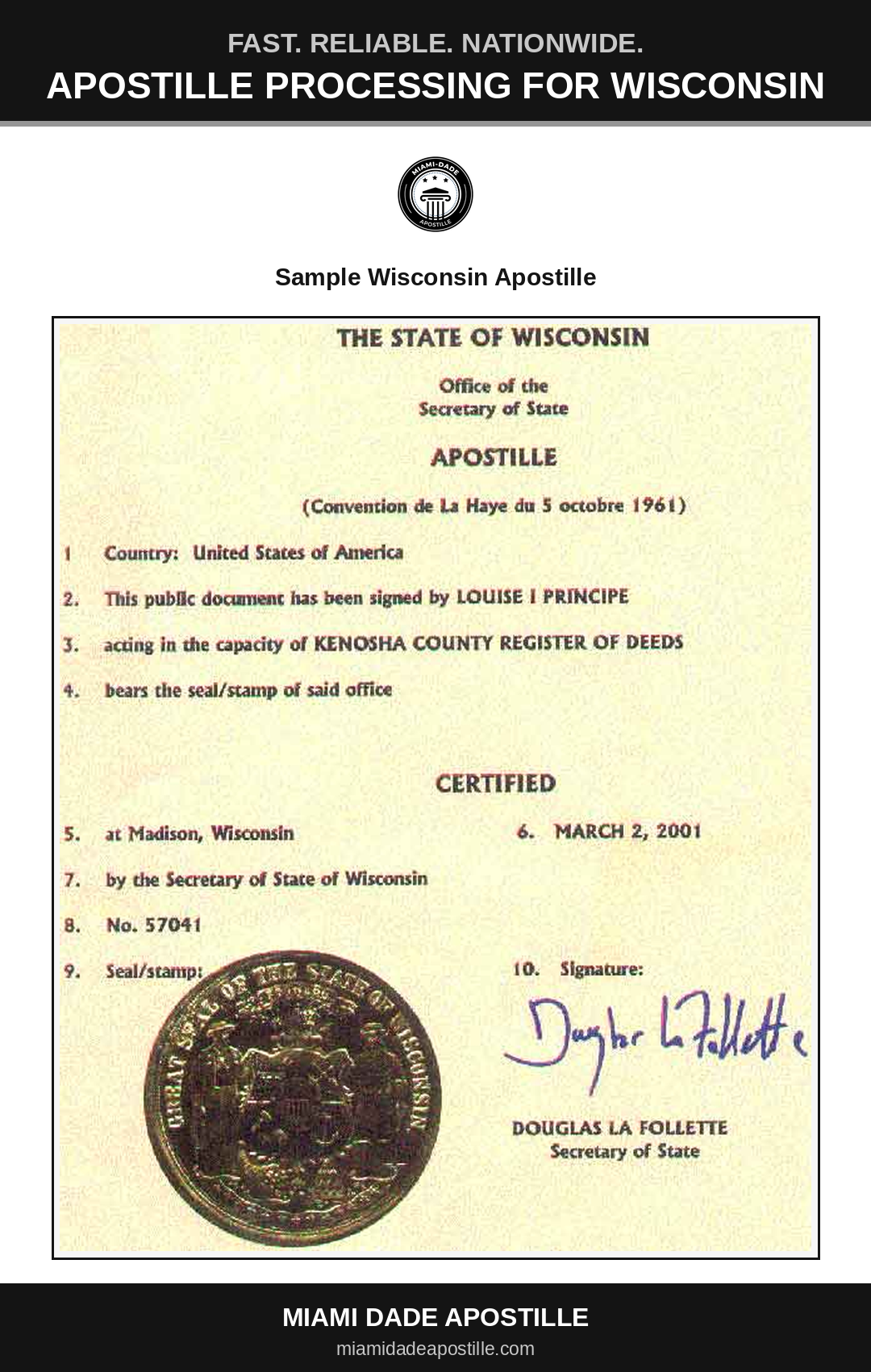 Example of a Wisconsin apostille certificate shown in a Miami Dade Apostille reference image